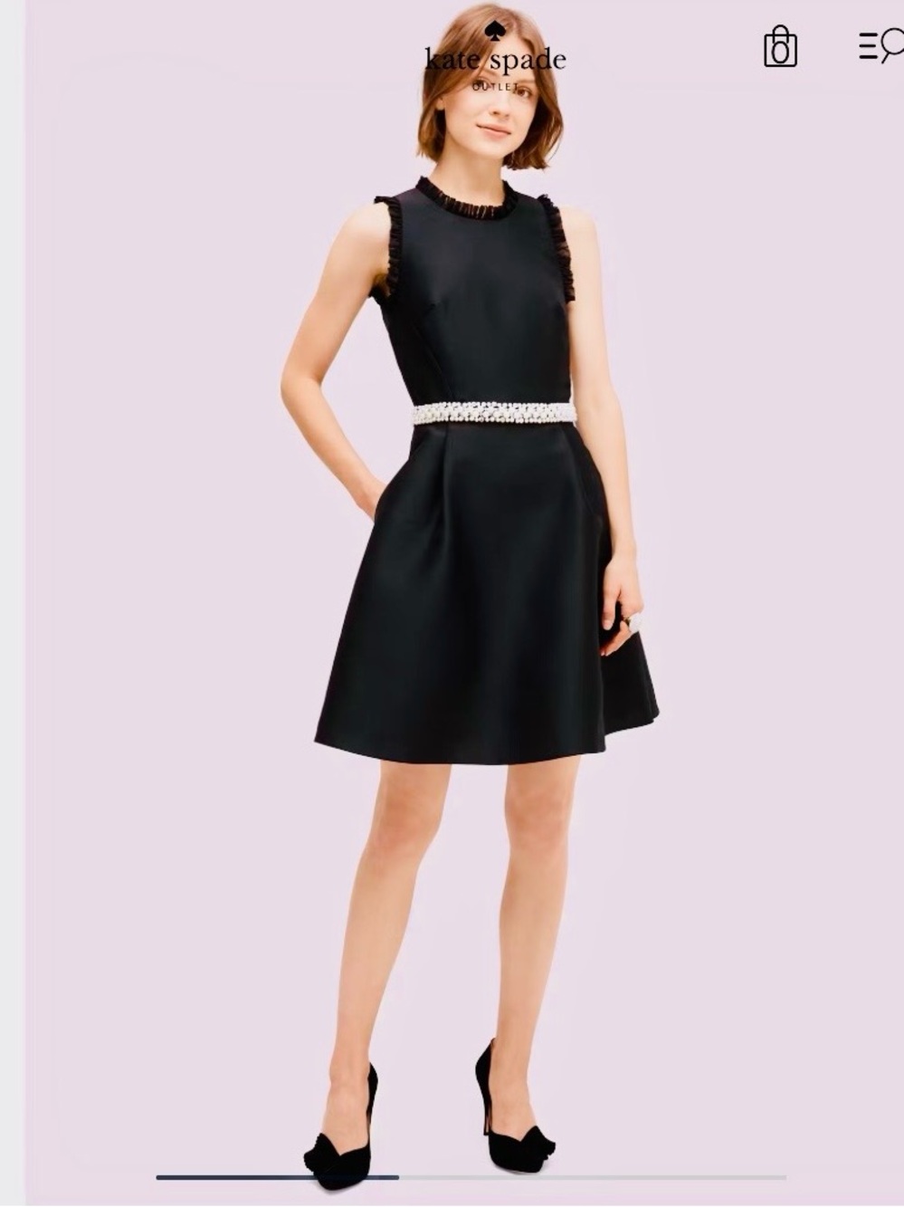 Kate Spade Black Ruffle Flare Sleeveless Crystal Mikado Mid Dress Size 12
